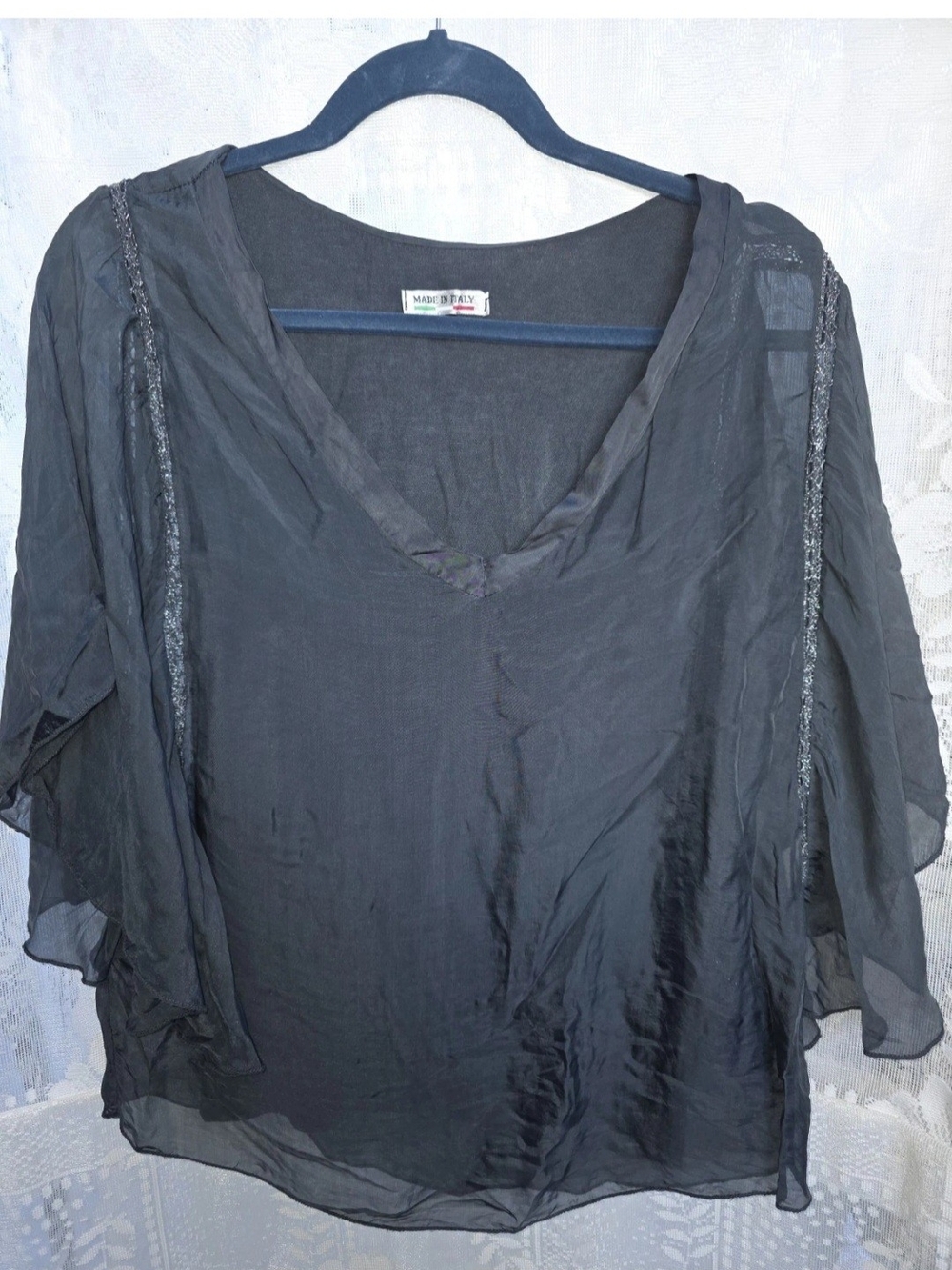 Lightweight Black Sheer V-Neck Blouse Boutique Made In Italy